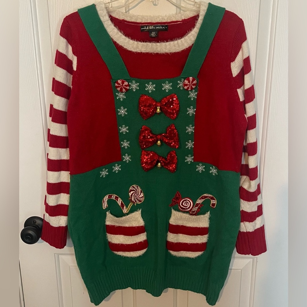 United States Sweaters Long Green, White & Red Sequin Elf Tunic Sweater